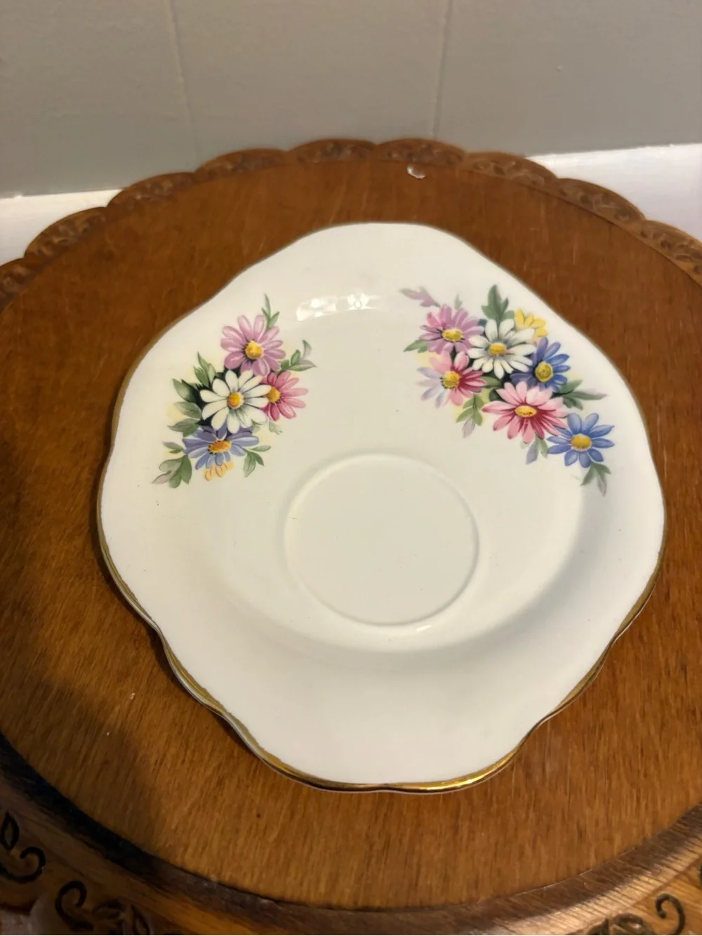 Vintage Royal Stewart Floral White Tea Saucer with Gold Trim